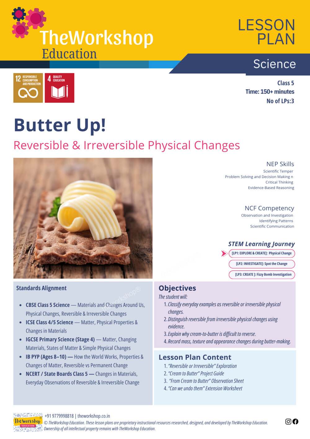 A sample TheWorkshop EduLab lesson plan page, titled Butter Up: Reversible and Irreversible Physical Changes, for Class 5 Science.
